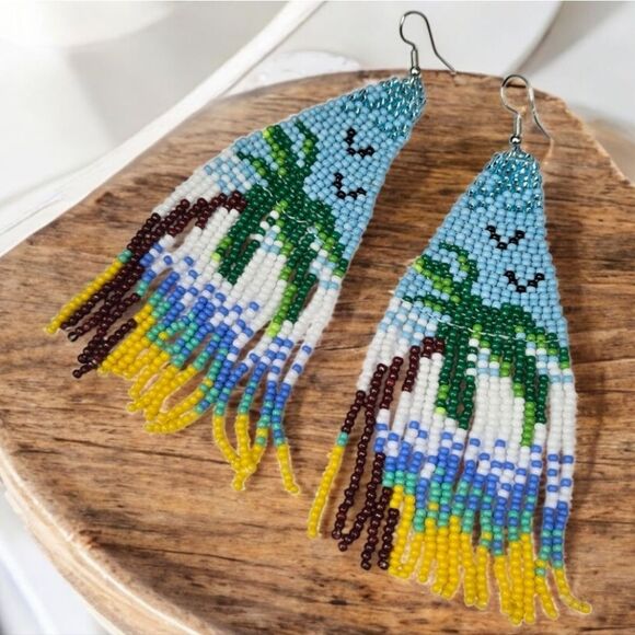 Palm Tree Beach Earrings Glass Bead Boho Dangle Island Jewelry Summer Beaded NEW - Picture 6 of 6